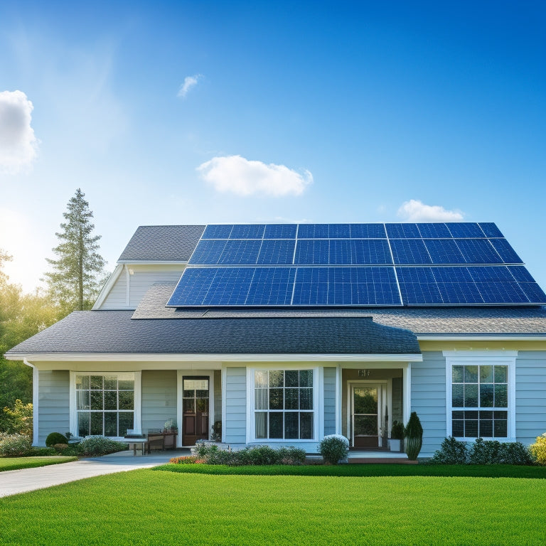 A serene suburban home with a mix of 10 solar panels from different manufacturers installed on its roof, with a bright blue sky and fluffy white clouds in the background.