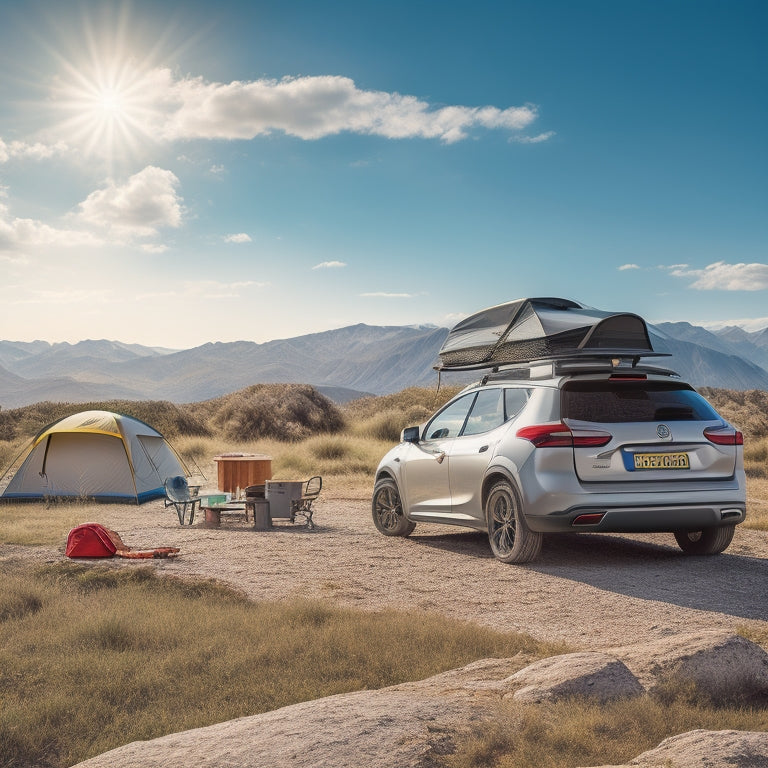 A serene landscape with a parked car, solar panels on the roof, and a few camping gear scattered around, set against a warm, sunny sky with a few fluffy white clouds.