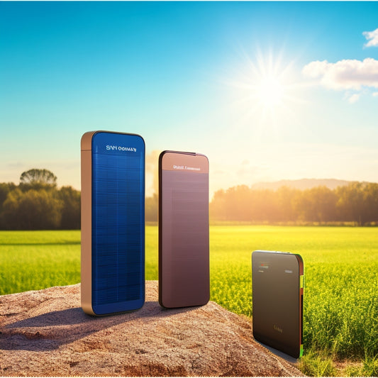 An illustration depicting a split-screen comparison of a sleek, modern power bank with a USB output and a solar power bank with a built-in solar panel, set against a contrasting urban and natural landscape background.