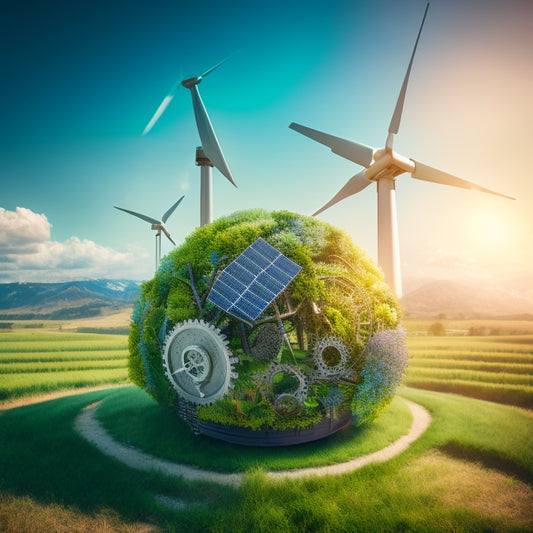 An illustration of a globe surrounded by interconnected gears, with green leaves and vines wrapping around the gears, and a faint outline of a wind turbine and solar panels in the background.