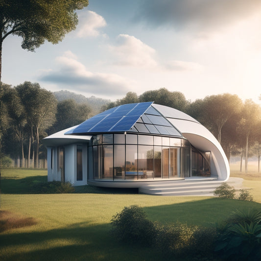 A futuristic, modern home with sleek lines and large windows, surrounded by lush greenery, with solar panels on the roof, a wind turbine in the distance, and a subtle grid pattern in the background.