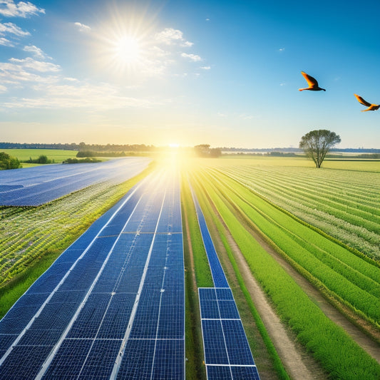 A serene landscape depicting a sun-kissed farm with rows of solar panels, a tractor in the distance, and a few birds flying overhead, surrounded by lush greenery and a clear blue sky.