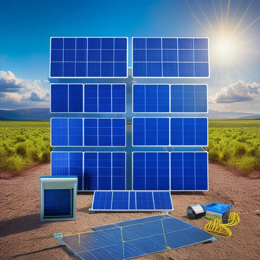 An illustration featuring a broken-down solar panel with visible components (cells, frames, inverters) surrounded by icons representing location, installation, and maintenance, with a battery system in the background, amidst a subtle grid pattern.