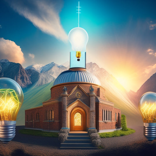 An illustration of a steepled church with a giant lightbulb above it, surrounded by swirling energy-efficient icons like light switches, solar panels, and recycling symbols.