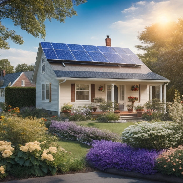 A serene, sun-drenched suburban home with solar panels installed on the roof, surrounded by blooming flowers and lush greenery, with a subtle hint of a utility meter in the foreground.