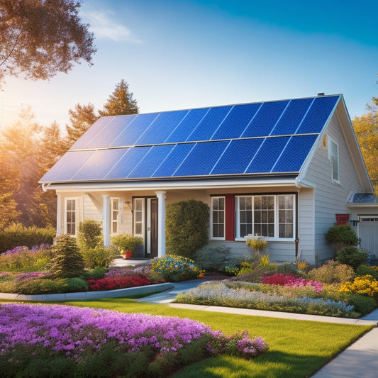 A serene suburban home with solar panels on its roof, surrounded by blooming flowers and a bright blue sky, with a subtle background of a cityscape and a subtle grid of dollar signs.