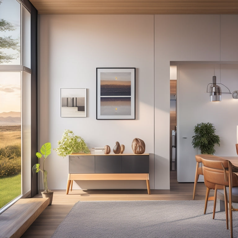 A modern home's interior with a sleek, wall-mounted solar panel display showing energy storage levels, surrounded by minimalist decor, with a few batteries visible in the background, lit by soft, warm lighting.