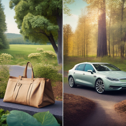 A serene, eco-friendly background with a few strategically placed, earth-toned, reusable bags, alongside a sleek, silver, fuel-efficient car with a subtle, green, leaf-patterned decal.