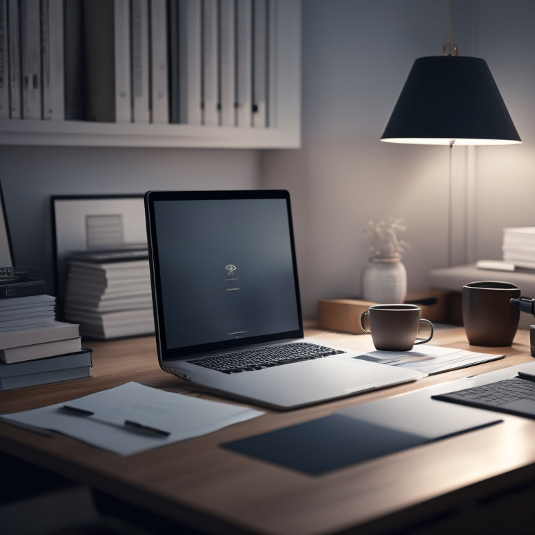 A minimalist illustration featuring a tidy, organized desk with a laptop and a few neatly arranged papers, surrounded by subtle, blurred-out compliance files and papers in the background.