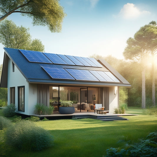 A serene, modern eco-friendly home with solar panels on the roof, surrounded by lush greenery, with a subtle green glow emanating from the windows, on a bright blue sky background.