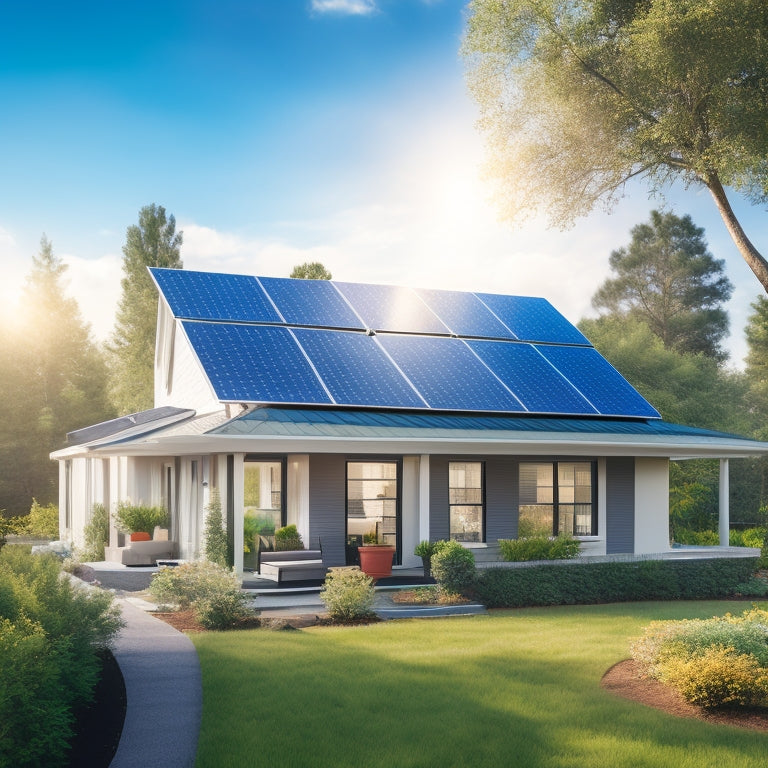 A serene suburban home with a sleek, modern solar panel array on its roof, surrounded by lush greenery and a bright blue sky with a few wispy clouds.