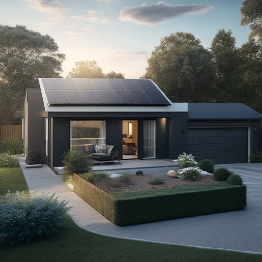 A photorealistic illustration of a residential backyard with a sleek, black solar panel array on the roof, connected to a compact, modern energy storage system installed near the garage.