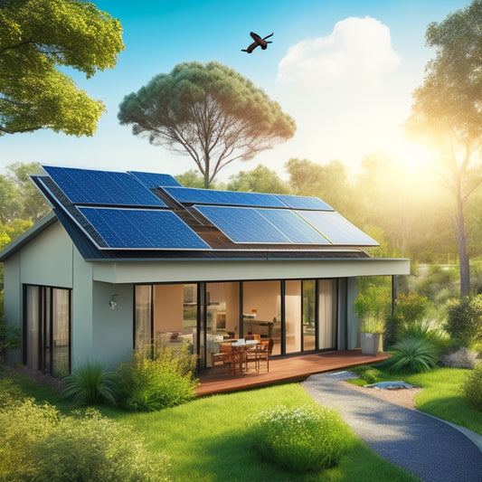 An illustration of a modern, eco-friendly home with a sleek rooftop solar panel array, surrounded by lush greenery, with sunshine and a few fluttering birds in the clear blue sky.