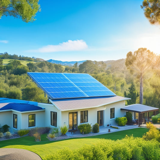 A serene California landscape with a modern home, solar panels installed on its rooftop, surrounded by lush greenery and a bright blue sky with a few white, puffy clouds.