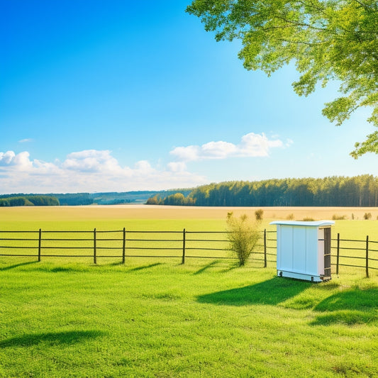 A serene rural landscape with a white wooden fence, a solar panel on a pole, and a battery box in the distance, surrounded by green grass and a few trees under a clear blue sky.