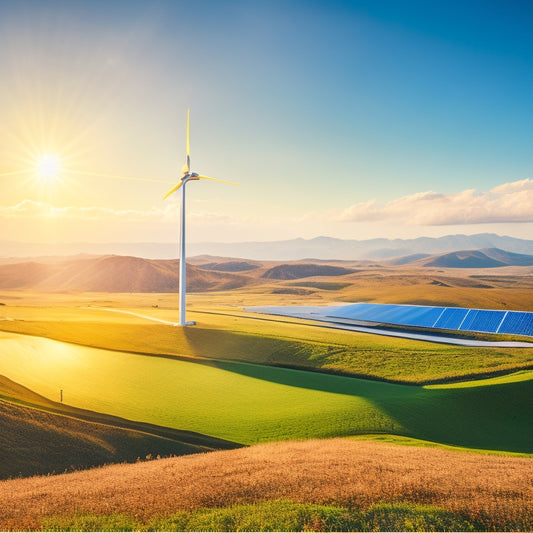 A serene landscape with a sun shining brightly, surrounded by sleek solar panels on rolling hills, with a few wind turbines in the distance, amidst a backdrop of clear blue skies and fluffy white clouds.