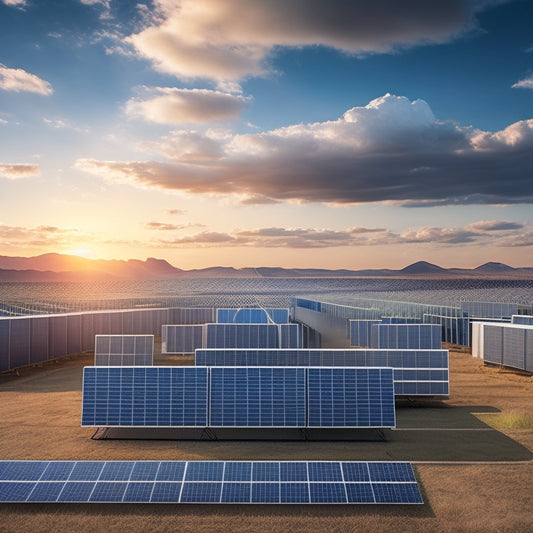 A futuristic, sleek, and modern illustration depicting a large, industrial-scale solar panel array in the background, with 5-7 large, differently-sized energy storage batteries in the foreground, arranged in a staggered formation.