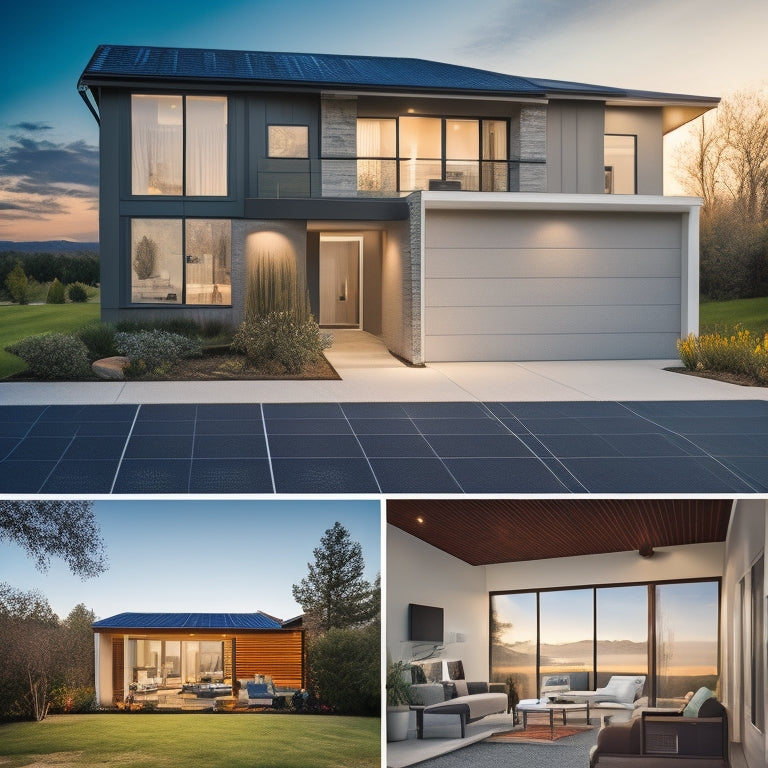 A modern home with a rooftop solar panel array, a sleek battery storage unit in the garage, and a dashboard display showing real-time energy usage and storage levels.