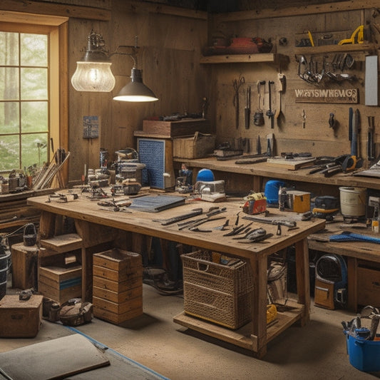 A clutter-free workshop with a wooden workbench in the center, surrounded by various tools and components, including solar panels, batteries, wires, and a multimeter, with a DIY project in progress.