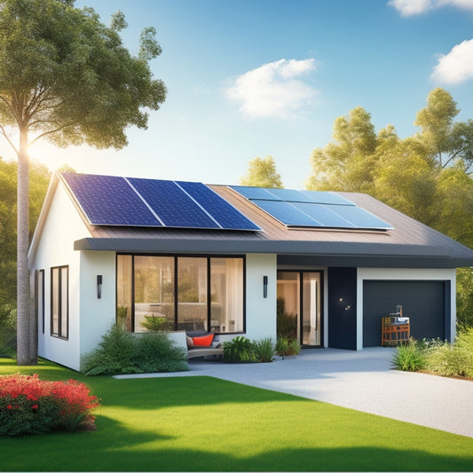 A modern, sleek home with solar panels on the roof, a battery system in the garage, and a smart energy monitor on the wall, surrounded by lush greenery and a sunny blue sky.