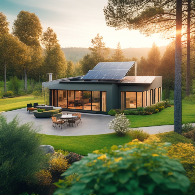 A serene, modern home surrounded by lush greenery, with a solar panel roof, a wind turbine in the distance, and a geothermal heat pump visible in the yard.