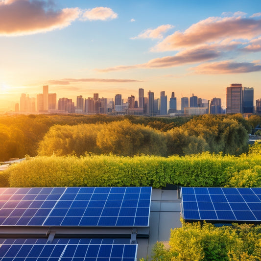 A serene, sunlit rooftop with rows of sleek, black solar panels and a few modern, compact battery storage units in the corner, surrounded by lush greenery and a subtle cityscape in the background.