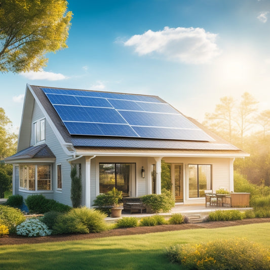 A serene suburban home with solar panels seamlessly integrated into the roof, surrounded by lush greenery, with a few fluffy white clouds in a bright blue sky and a subtle sunburst in the corner.