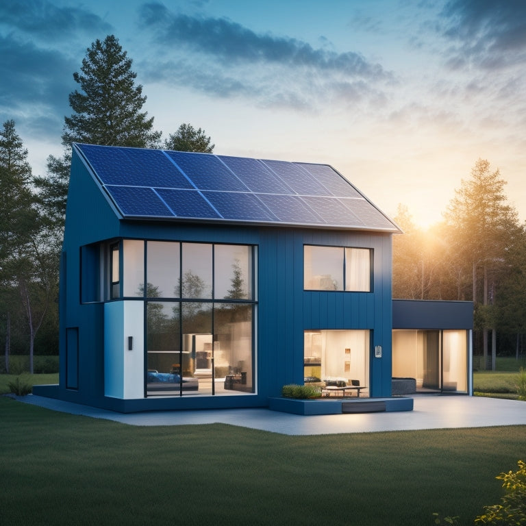 A modern, sleek house with a solar panel roof, a battery storage system visible through a large window, and a subtle, glowing blue circuitry pattern on the walls, amidst a serene, sunny background.