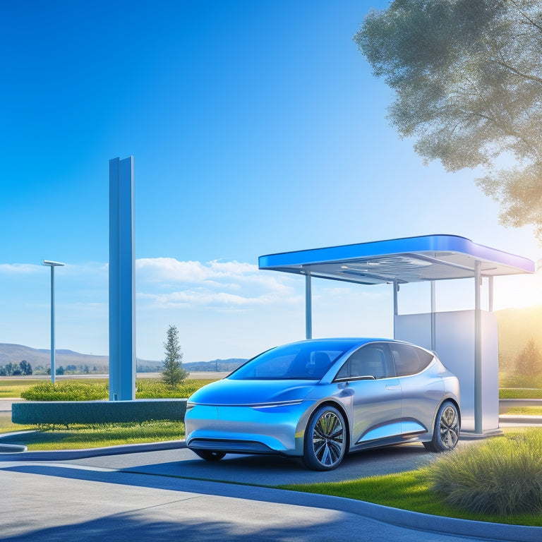 A futuristic illustration of a sleek, silver electric vehicle parked at a modern solar EV charging station, surrounded by vibrant greenery and a bright blue sky with prominent sun.