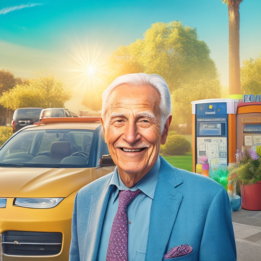 A stylized illustration of a senior citizen smiling, standing in front of an electric vehicle with a bright, sunny background, surrounded by icons of money, discounts, and eco-friendly symbols.