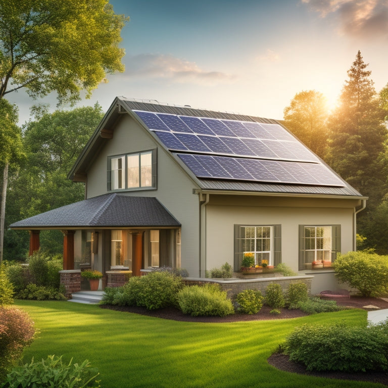 A serene suburban home with solar panels installed on the roof, with a faint sun in the background and a subtle grid of dollar signs overlaying the panels, surrounded by lush greenery.