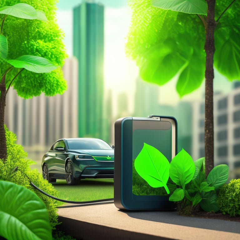 A futuristic, minimalist illustration featuring a stylized electric vehicle battery with a green checkmark and a wallet in the background, surrounded by eco-friendly leaves and a subtle cityscape.