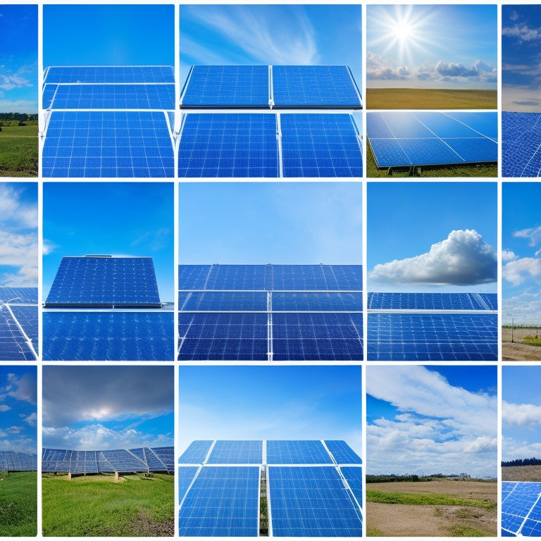 A split-screen image featuring 10 solar panels from different top providers, with each panel displaying its brand logo, against a contrasting bright blue sky and white fluffy clouds background.