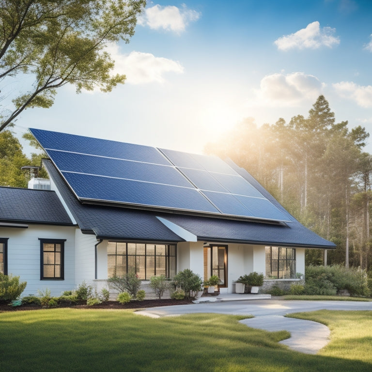 A serene suburban home with a sleek, black solar panel array installed on its roof, surrounded by lush greenery and a bright blue sky with a few wispy clouds.