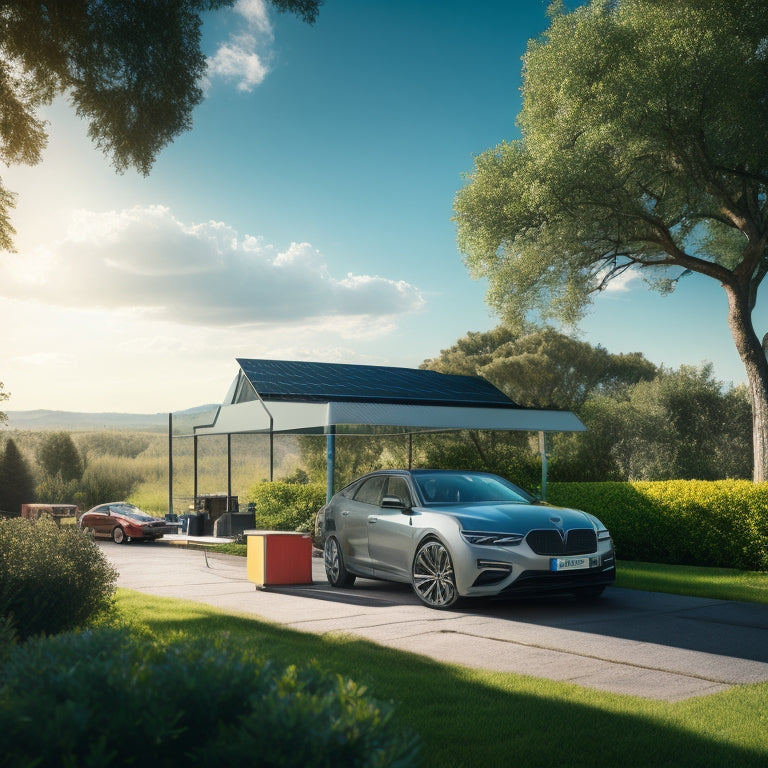 A serene outdoor setting with a parked car, its roof and hood covered with sleek, black solar panels, connected to a battery pack and inverter, surrounded by lush greenery and a bright blue sky.