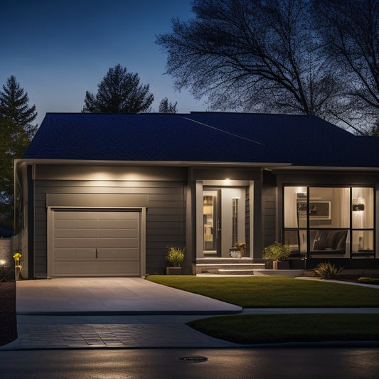 A dramatic nighttime scene of a well-lit, safe, and comfortable home amidst a darkened neighborhood, powered by a sleek, modern solar power backup system with sleek panels and a compact inverter.