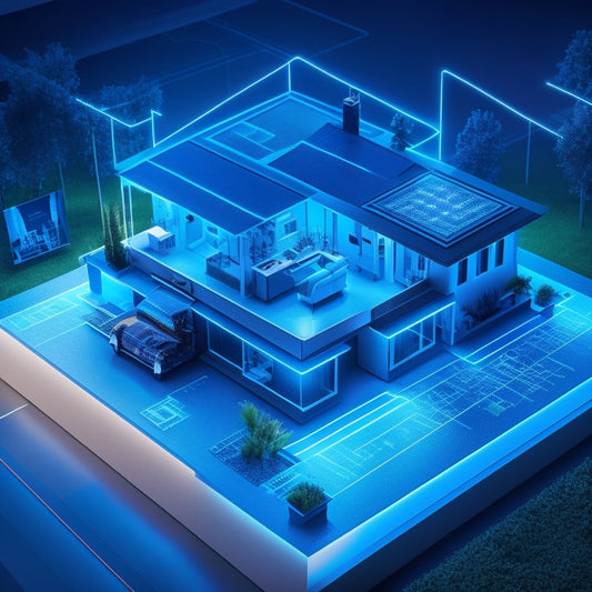 A stylized illustration of a modern home with glowing blue lines and circuits underneath, surrounded by various smart devices and a central hub displaying energy usage data.