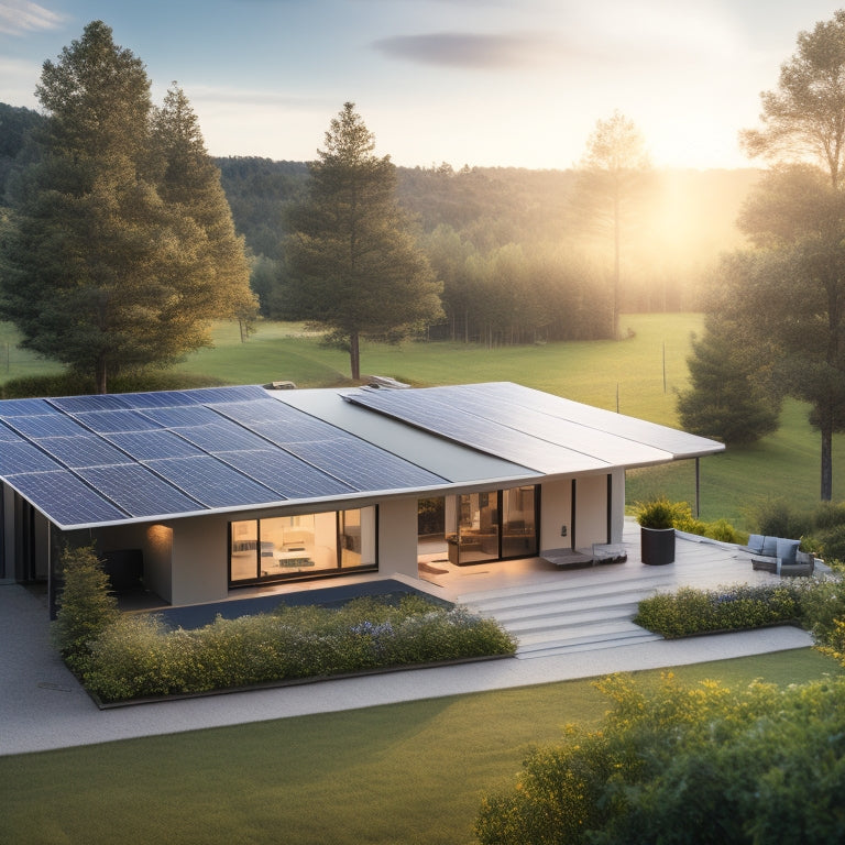 A serene landscape with a modern home in the background, featuring a rooftop solar panel array and a sleek, compact battery backup system installed beside a exterior wall, surrounded by lush greenery.