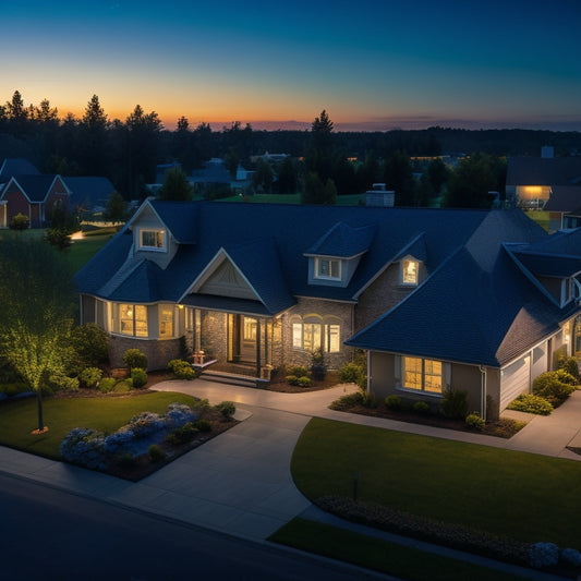 A serene residential neighborhood at dusk, with rooftops adorned with sleek solar panels, and a few homes showcasing backup power systems with subtle LED lights, amidst a peaceful, starry night sky.