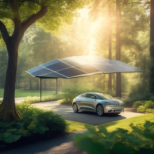 A serene landscape with a sleek, silver electric car parked beneath a canopy of lush green trees, surrounded by solar panels integrated into the car's roof, with sunlight filtering through the leaves.