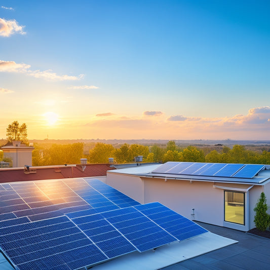 A serene residential rooftop with three sleek, high-efficiency solar panels installed, each with a distinct design and subtle branding, amidst a subtle gradient of blue sky and fluffy white clouds.