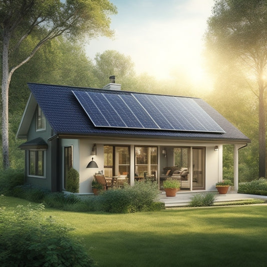 Illustrate a well-maintained solar panel system with a clean and angled roof installation, surrounded by lush greenery, with a subtle sunny glow and a few scattered maintenance tools like a soft-bristled brush and a hose.