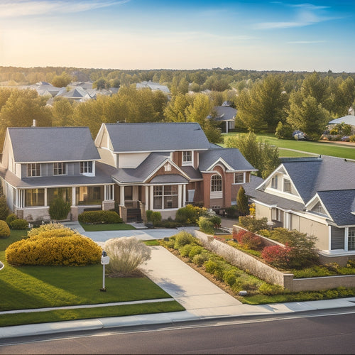 A serene suburban neighborhood with a mix of modern and traditional houses, each adorned with sleek, black solar panels on their rooftops, amidst a bright blue sky with fluffy white clouds.