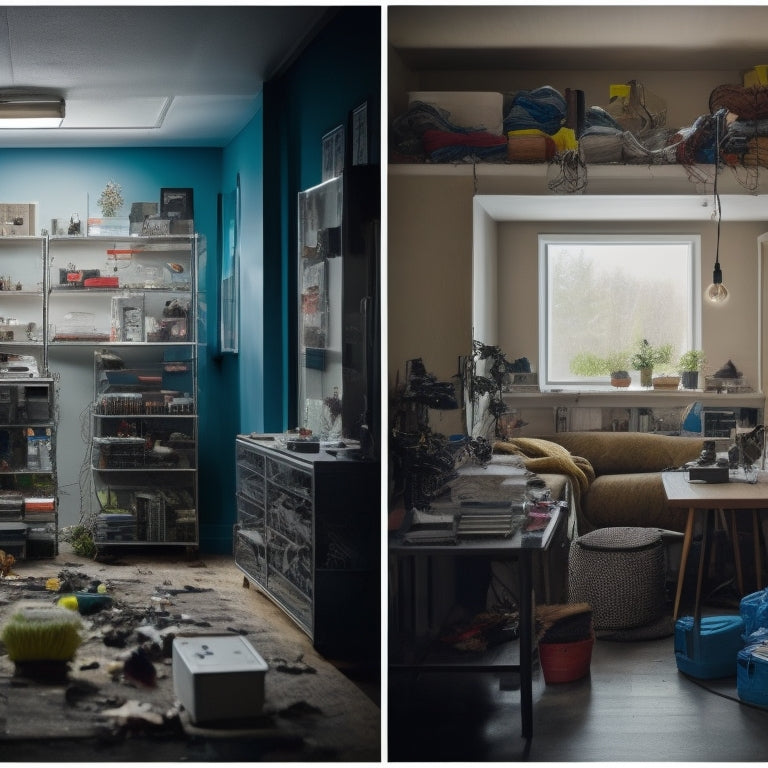 A split-screen image: on the left, a cluttered room with multiple batteries and tangled wires, and on the right, a sleek, modern home with a single, compact battery unit and organized cables.