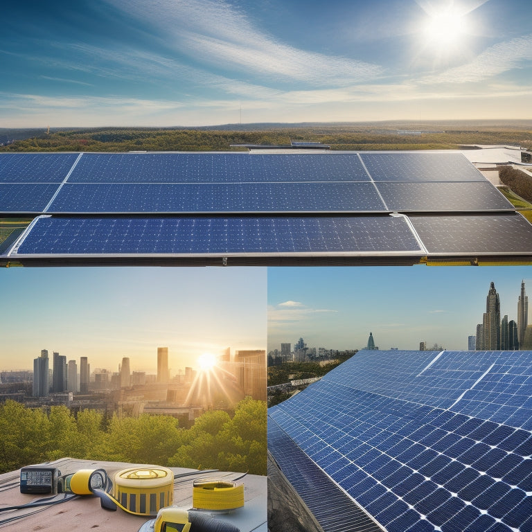 A rooftop with various solar panels at different angles, surrounded by measuring tapes, calculators, and architectural plans, with a subtle cityscape or nature background, conveying a sense of planning and assessment.