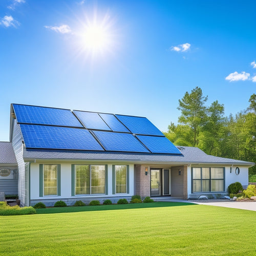 A serene suburban home with solar panels installed on the roof, a few panels slightly angled to showcase their sleek design, amidst a bright blue sky with fluffy white clouds.