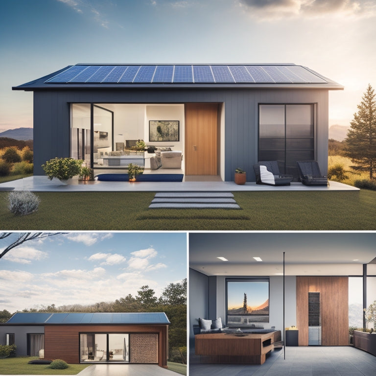 A modern, sleek home with a rooftop solar panel array, a wall-mounted battery bank, and a tidy electrical panel, all interconnected with clean lines and minimal clutter.