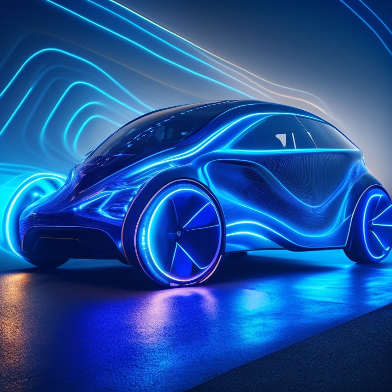 A futuristic electric vehicle with glowing blue accents, surrounded by swirling lines and shapes representing advanced safety features, set against a dark gradient background with subtle circuit board patterns.