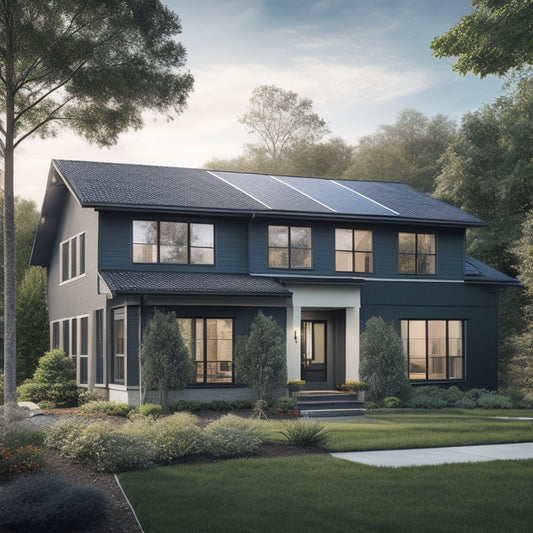 A serene suburban home with a sleek, black solar panel array on the roof, paired with a stylish, compact battery backup system on the exterior wall, surrounded by lush greenery.