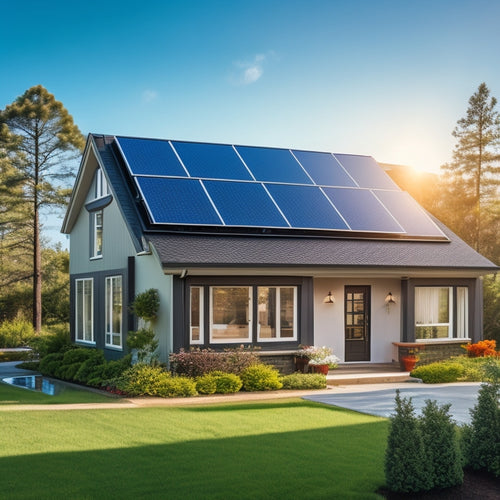 A serene suburban home with a sleek, black solar panel array installed on the roof, surrounded by lush greenery and a bright blue sky with a few puffy white clouds.